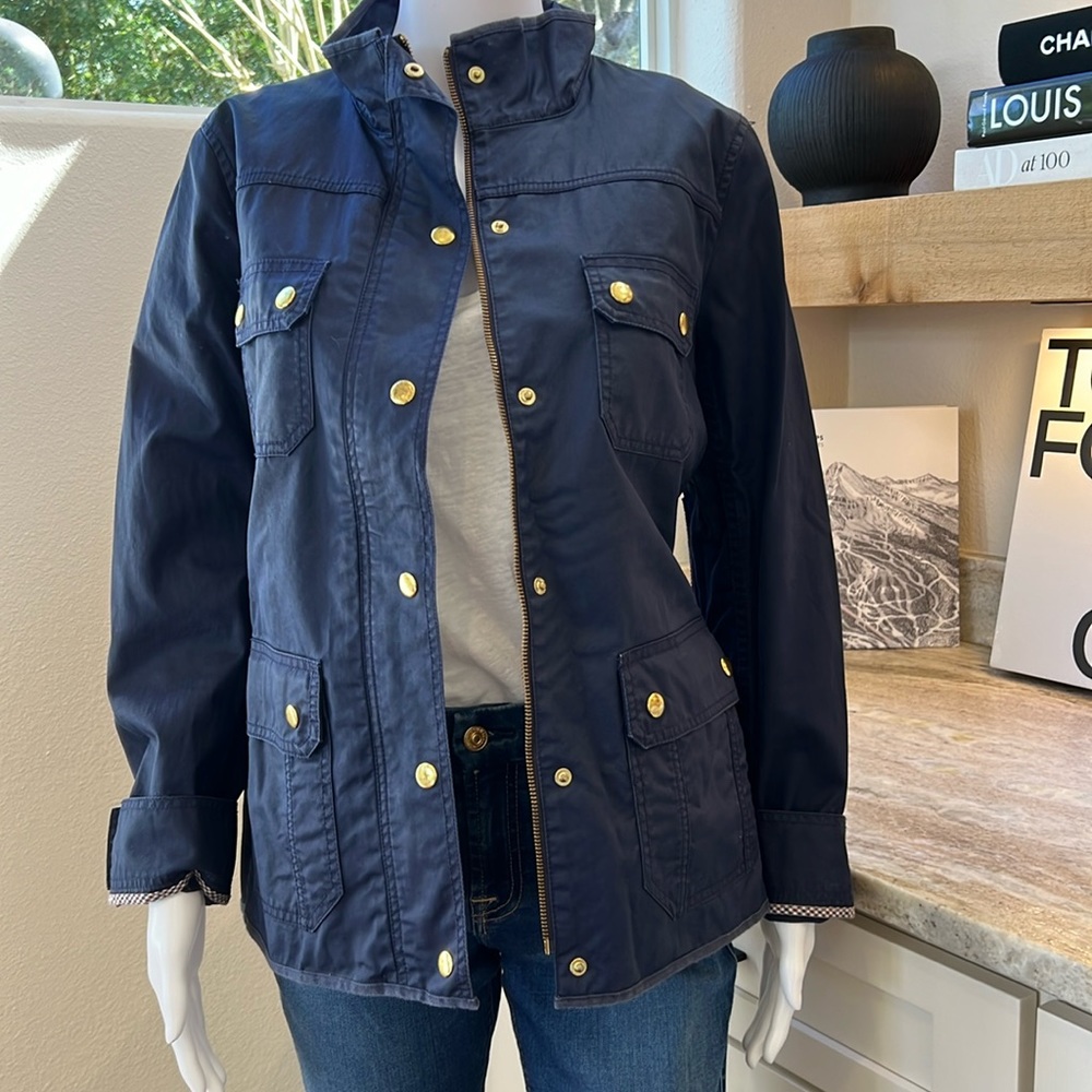 J Crew Women's Downtown Field Navy Blue Waxed Cotton Full Zip Jacket! Size M